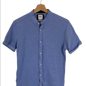 Zara Slim Fit Button Front Polo Collarless Blue Men's M 100% Cotton.